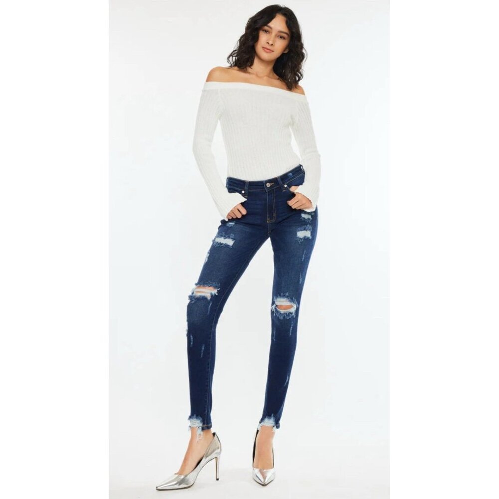 KanCan Jeans Womens Dark Wash Distressed Skinny Jeans Frayed Hem Size
